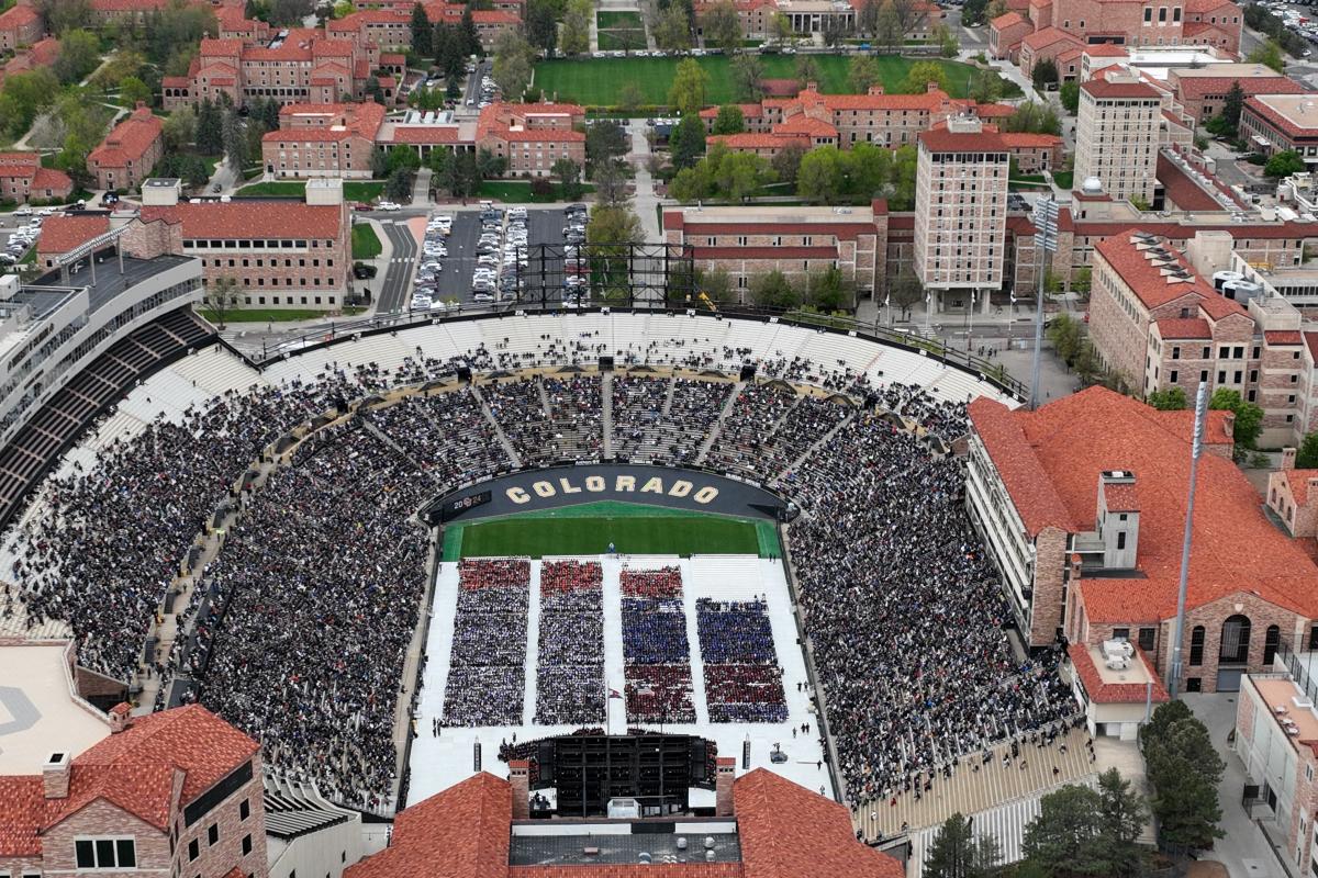 Aerial view of Folsom Field during commencement
