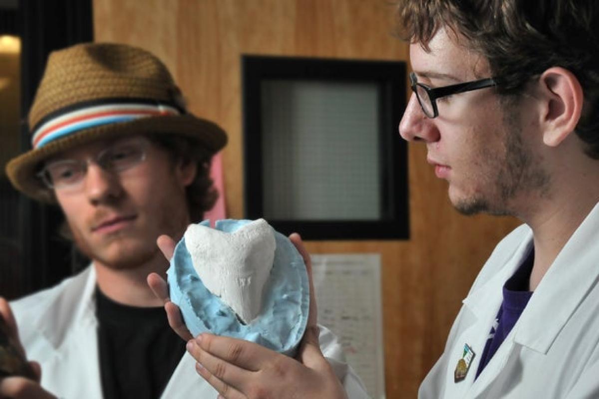 Students looking at model of a rock