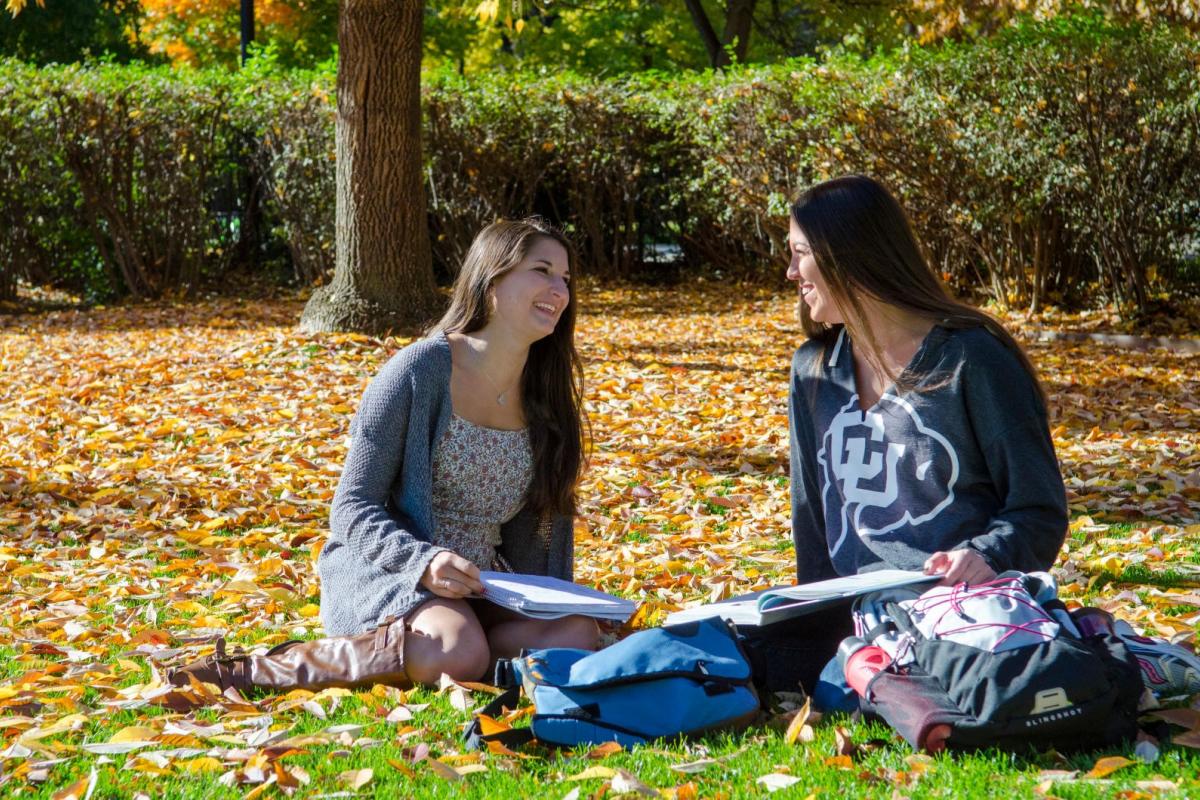 Two students sitting on the quad with golden leaves on the ground behind