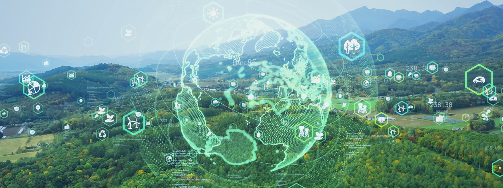 Landscape overlaid with sustainability icons