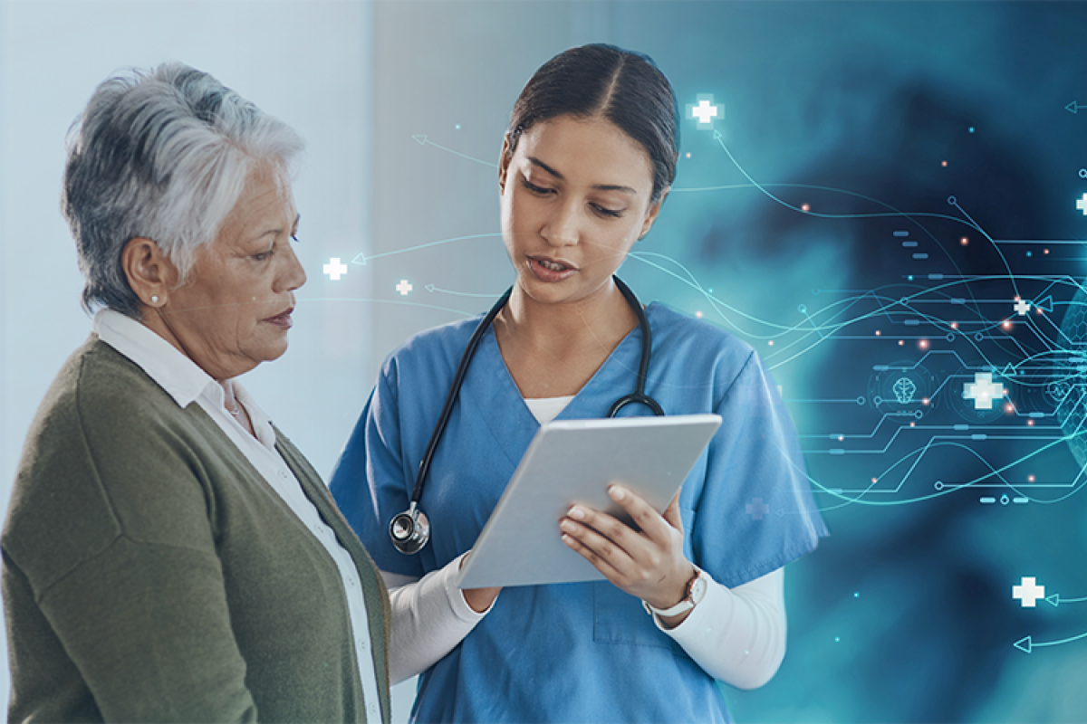 A doctor shares treatment information with a patient, overlaid with abstract image of advanced health technology