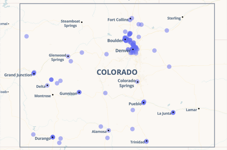 Infographic: A Map of Colorado with purple dots of varying sizes, indicating number of community engagement programs in different areas of the state